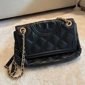 Tory Burch Black Quilted Shoulder Bag with Gold Chain